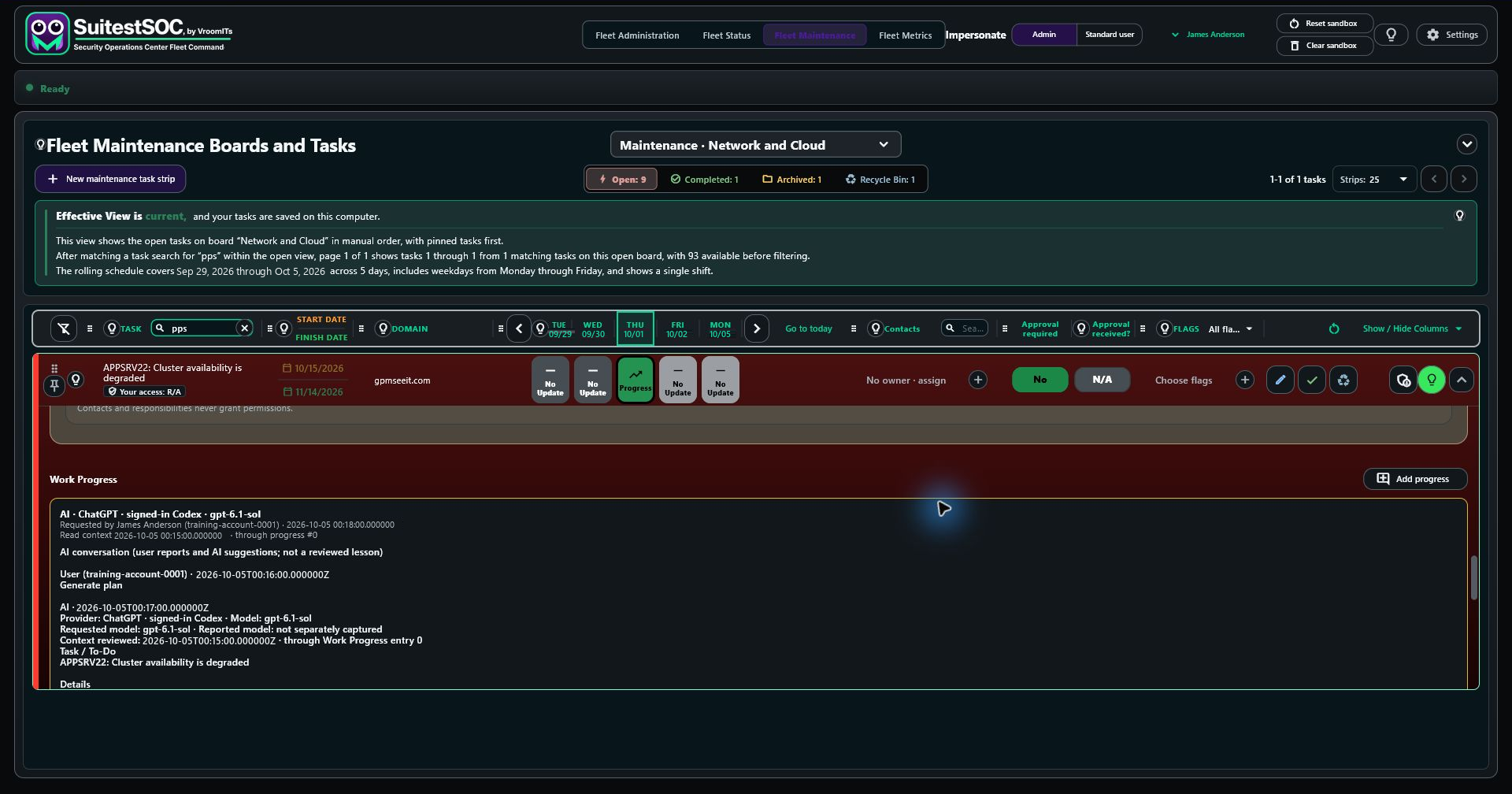 APPSRV22 maintenance task with the saved AI conversation in dated Work Progress.